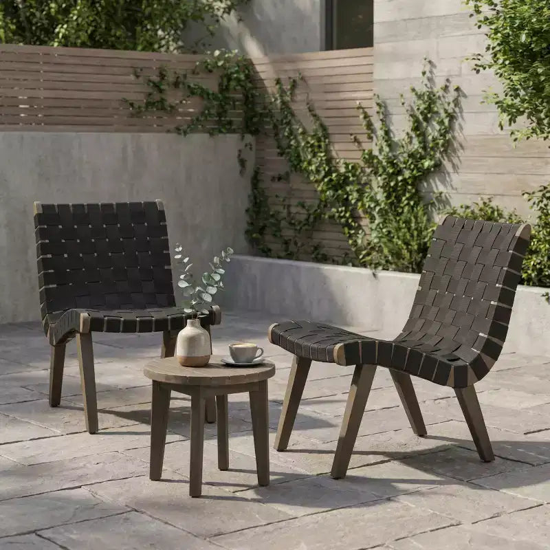 ModernLuxe 3pcs Patio Seating Sets, Outdoor Chat Set with 2 Sunken Rope Chairs, Acacia Wood End Table