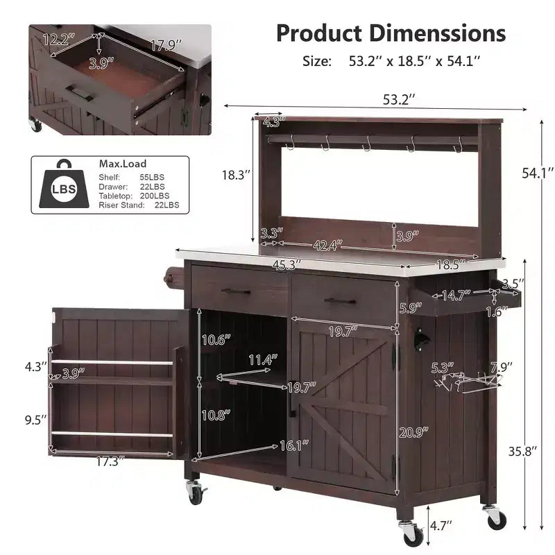 Whisen 54.1 Îlots de cuisine d'extérieur, Tables de rempotage de jardin pour patio, Chariot de barbecue d'extérieur avec plateau en acier inoxydable, Tiroirs d'armoire de rangement