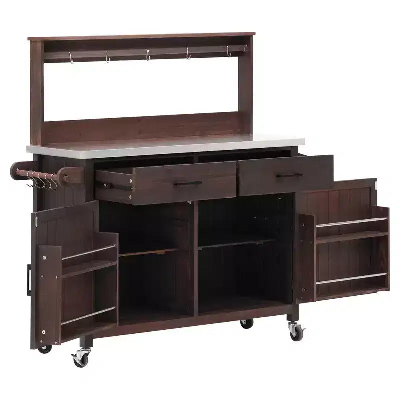 Whisen 54.1 Îlots de cuisine d'extérieur, Tables de rempotage de jardin pour patio, Chariot de barbecue d'extérieur avec plateau en acier inoxydable, Tiroirs d'armoire de rangement