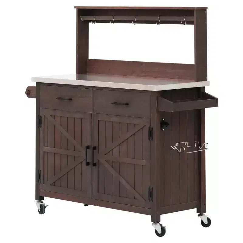 Whisen 54.1 Îlots de cuisine d'extérieur, Tables de rempotage de jardin pour patio, Chariot de barbecue d'extérieur avec plateau en acier inoxydable, Tiroirs d'armoire de rangement