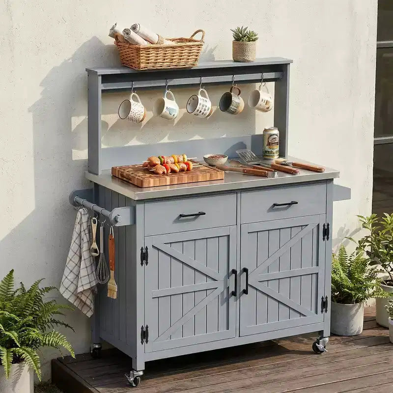 Whisen 54.1 Îlots de cuisine d'extérieur, Tables de rempotage de jardin pour patio, Chariot de barbecue d'extérieur avec plateau en acier inoxydable, Tiroirs d'armoire de rangement