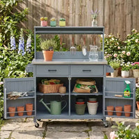 Whisen 54.1 Îlots de cuisine d'extérieur, Tables de rempotage de jardin pour patio, Chariot de barbecue d'extérieur avec plateau en acier inoxydable, Tiroirs d'armoire de rangement