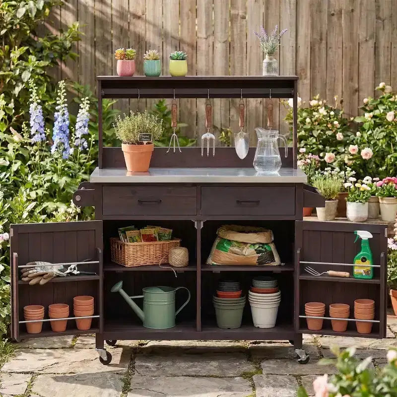 Whisen 54.1 Îlots de cuisine d'extérieur, Tables de rempotage de jardin pour patio, Chariot de barbecue d'extérieur avec plateau en acier inoxydable, Tiroirs d'armoire de rangement
