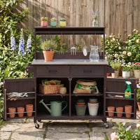 Whisen 54.1 Îlots de cuisine d'extérieur, Tables de rempotage de jardin pour patio, Chariot de barbecue d'extérieur avec plateau en acier inoxydable, Tiroirs d'armoire de rangement