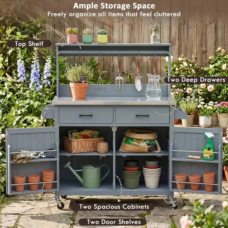 Whisen 54.1 Îlots de cuisine d'extérieur, Tables de rempotage de jardin pour patio, Chariot de barbecue d'extérieur avec plateau en acier inoxydable, Tiroirs d'armoire de rangement