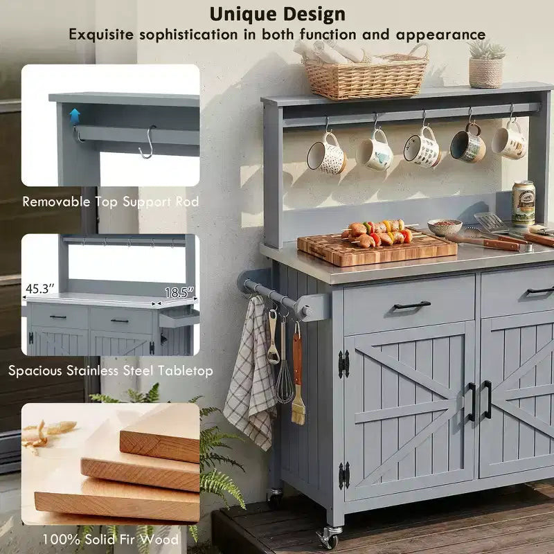 Whisen 54.1 Îlots de cuisine d'extérieur, Tables de rempotage de jardin pour patio, Chariot de barbecue d'extérieur avec plateau en acier inoxydable, Tiroirs d'armoire de rangement