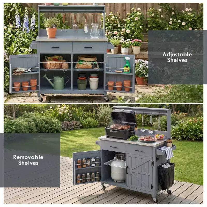 Whisen 54.1 Îlots de cuisine d'extérieur, Tables de rempotage de jardin pour patio, Chariot de barbecue d'extérieur avec plateau en acier inoxydable, Tiroirs d'armoire de rangement
