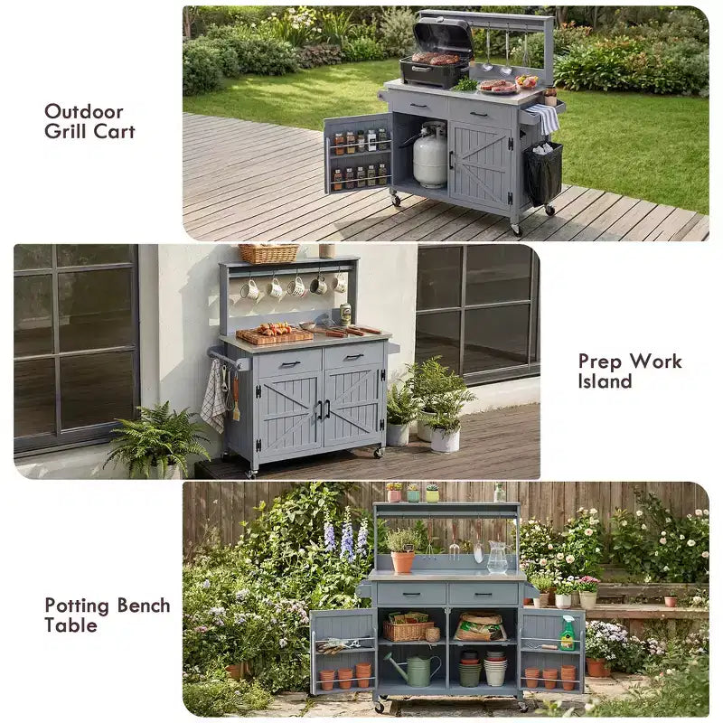 Whisen 54.1 Îlots de cuisine d'extérieur, Tables de rempotage de jardin pour patio, Chariot de barbecue d'extérieur avec plateau en acier inoxydable, Tiroirs d'armoire de rangement
