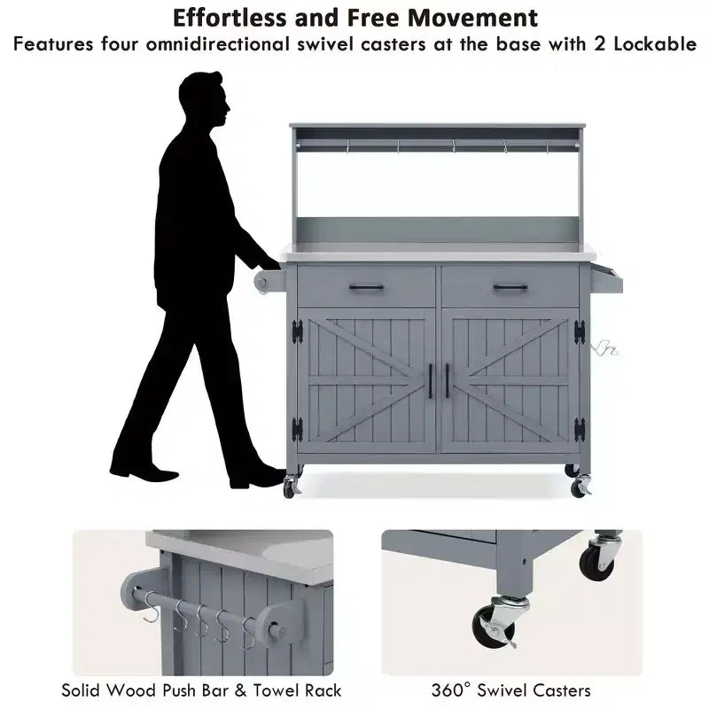 Whisen 54.1 Îlots de cuisine d'extérieur, Tables de rempotage de jardin pour patio, Chariot de barbecue d'extérieur avec plateau en acier inoxydable, Tiroirs d'armoire de rangement