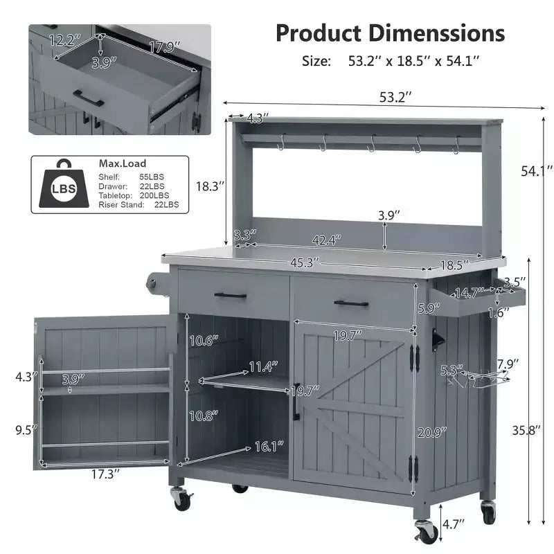 Whisen 54.1 Îlots de cuisine d'extérieur, Tables de rempotage de jardin pour patio, Chariot de barbecue d'extérieur avec plateau en acier inoxydable, Tiroirs d'armoire de rangement