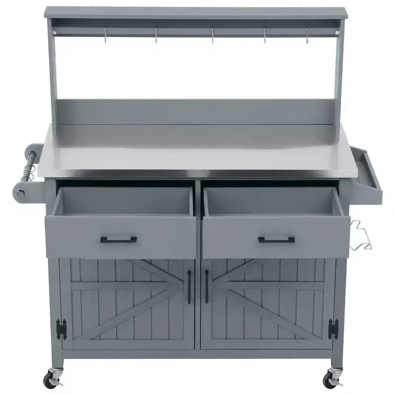 Whisen 54.1 Îlots de cuisine d'extérieur, Tables de rempotage de jardin pour patio, Chariot de barbecue d'extérieur avec plateau en acier inoxydable, Tiroirs d'armoire de rangement