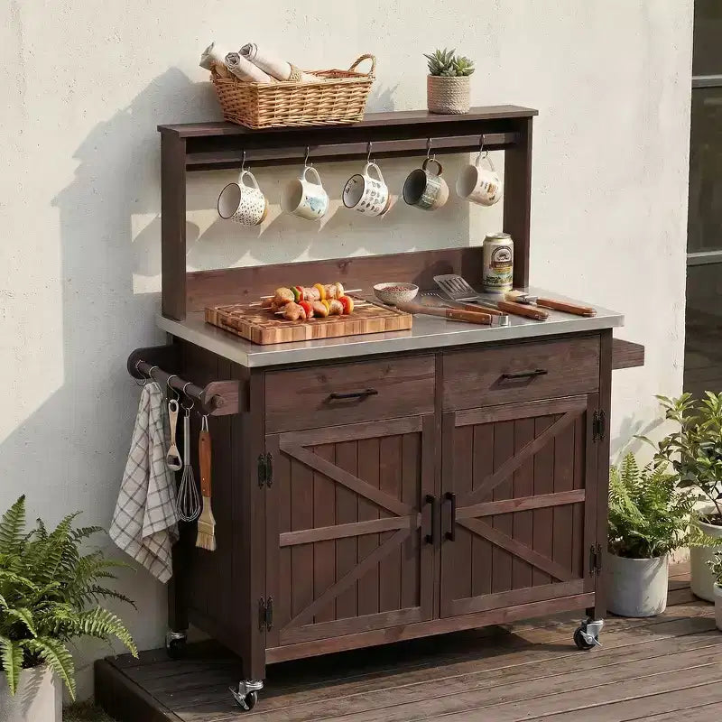 Whisen 54.1 Îlots de cuisine d'extérieur, Tables de rempotage de jardin pour patio, Chariot de barbecue d'extérieur avec plateau en acier inoxydable, Tiroirs d'armoire de rangement