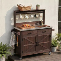 Whisen 54.1 Îlots de cuisine d'extérieur, Tables de rempotage de jardin pour patio, Chariot de barbecue d'extérieur avec plateau en acier inoxydable, Tiroirs d'armoire de rangement