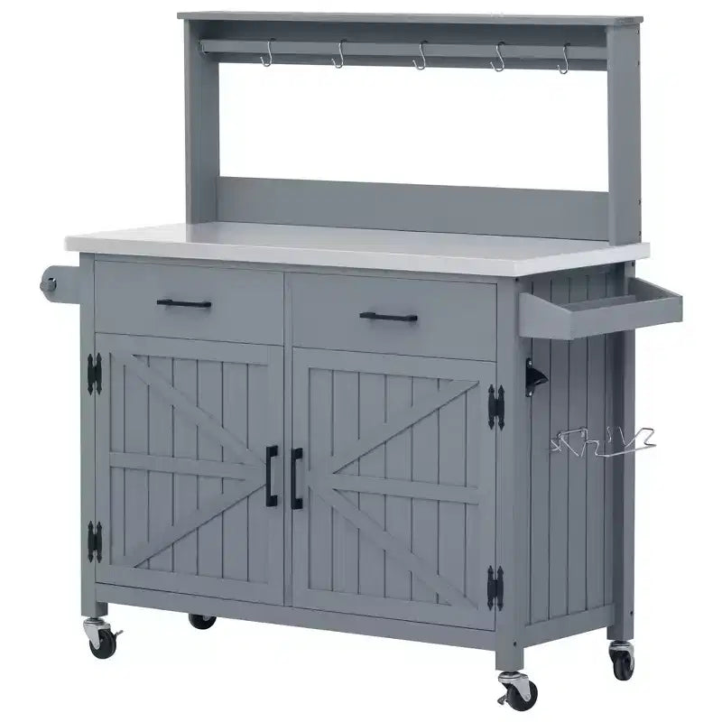 Whisen 54.1 Îlots de cuisine d'extérieur, Tables de rempotage de jardin pour patio, Chariot de barbecue d'extérieur avec plateau en acier inoxydable, Tiroirs d'armoire de rangement