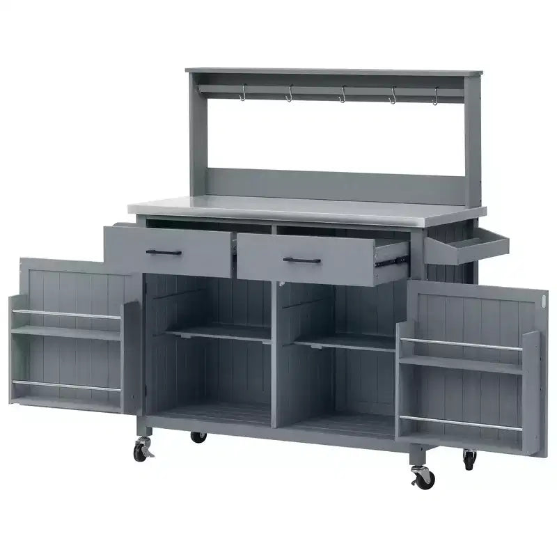 Whisen 54.1 Îlots de cuisine d'extérieur, Tables de rempotage de jardin pour patio, Chariot de barbecue d'extérieur avec plateau en acier inoxydable, Tiroirs d'armoire de rangement