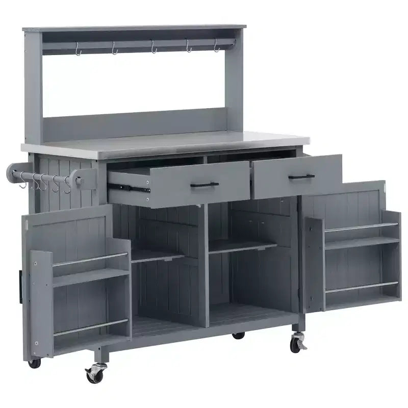 Whisen 54.1 Îlots de cuisine d'extérieur, Tables de rempotage de jardin pour patio, Chariot de barbecue d'extérieur avec plateau en acier inoxydable, Tiroirs d'armoire de rangement