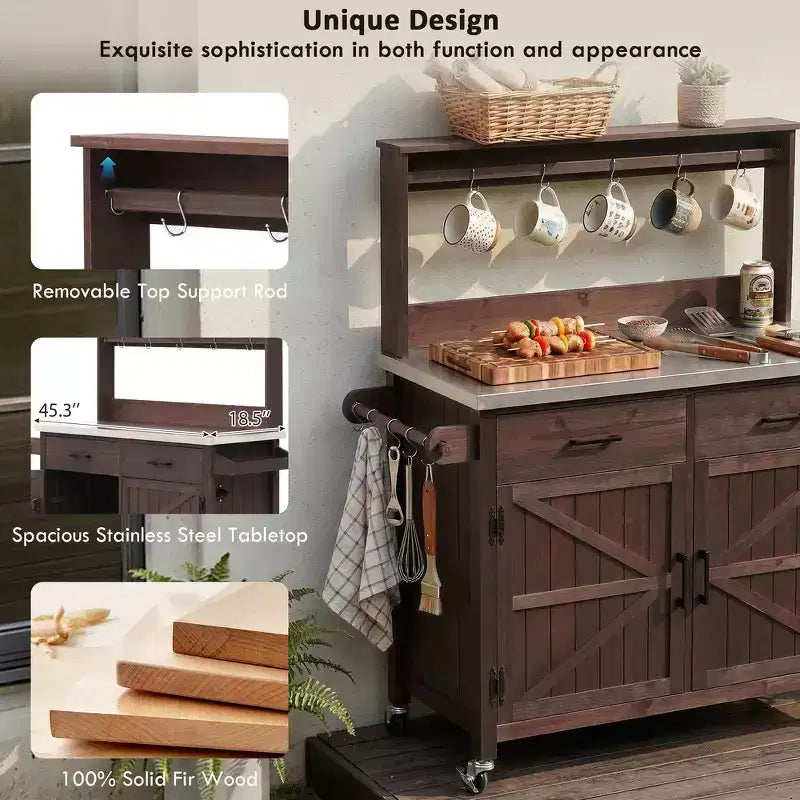 Whisen 54.1 Îlots de cuisine d'extérieur, Tables de rempotage de jardin pour patio, Chariot de barbecue d'extérieur avec plateau en acier inoxydable, Tiroirs d'armoire de rangement