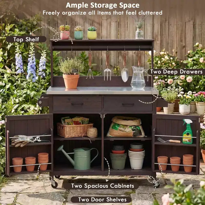 Whisen 54.1 Îlots de cuisine d'extérieur, Tables de rempotage de jardin pour patio, Chariot de barbecue d'extérieur avec plateau en acier inoxydable, Tiroirs d'armoire de rangement