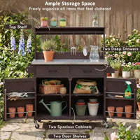 Whisen 54.1 Îlots de cuisine d'extérieur, Tables de rempotage de jardin pour patio, Chariot de barbecue d'extérieur avec plateau en acier inoxydable, Tiroirs d'armoire de rangement