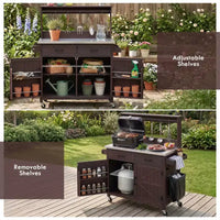 Whisen 54.1 Îlots de cuisine d'extérieur, Tables de rempotage de jardin pour patio, Chariot de barbecue d'extérieur avec plateau en acier inoxydable, Tiroirs d'armoire de rangement