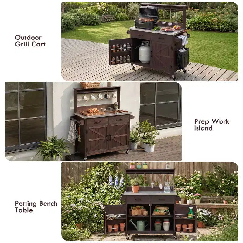 Whisen 54.1 Îlots de cuisine d'extérieur, Tables de rempotage de jardin pour patio, Chariot de barbecue d'extérieur avec plateau en acier inoxydable, Tiroirs d'armoire de rangement