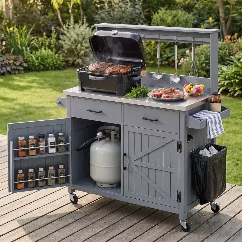 Whisen 54.1 Îlots de cuisine d'extérieur, Tables de rempotage de jardin pour patio, Chariot de barbecue d'extérieur avec plateau en acier inoxydable, Tiroirs d'armoire de rangement