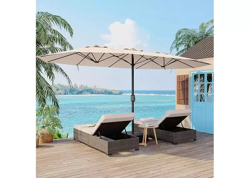 Parasol de patio extra-large 15 pi avec base incluse, parasol de marche d'extérieur double face avec manivelle, impermeable et protege UV pour jardin et piscine