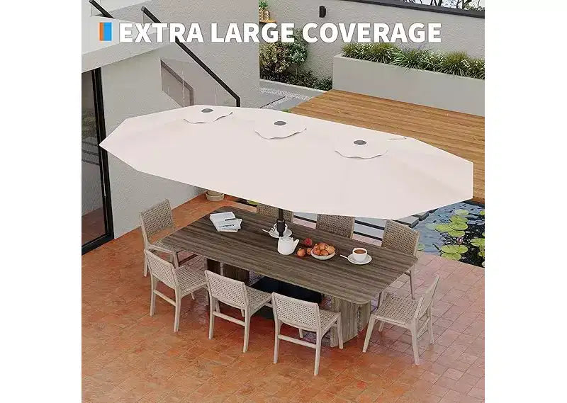 Parasol de patio extra-large 15 pi avec base incluse, parasol de marche d'extérieur double face avec manivelle, impermeable et protege UV pour jardin et piscine