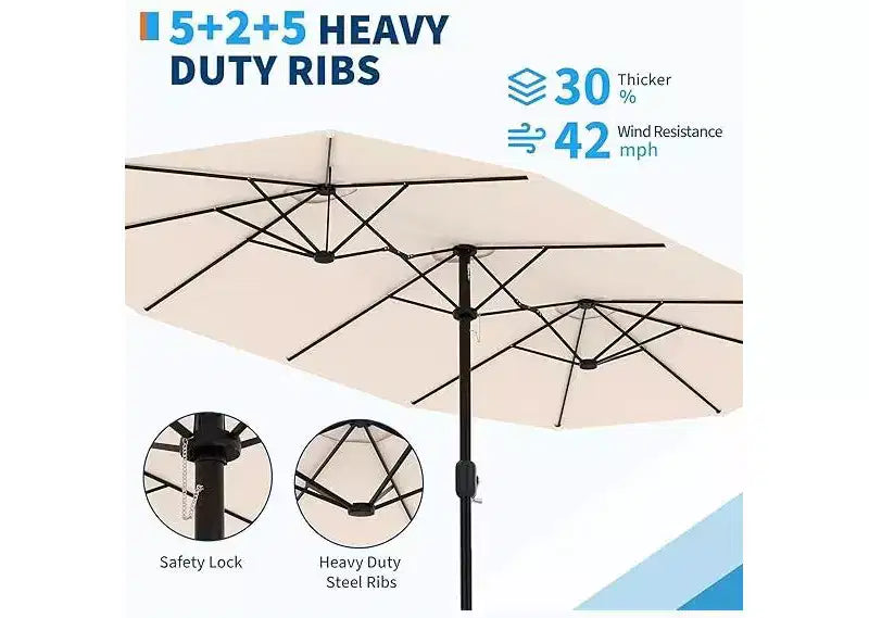 Parasol de patio extra-large 15 pi avec base incluse, parasol de marche d'extérieur double face avec manivelle, impermeable et protege UV pour jardin et piscine