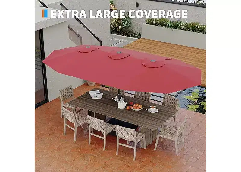 Parasol de patio extra-large 15 pi avec base incluse, parasol de marche d'extérieur double face avec manivelle, impermeable et protege UV pour jardin et piscine