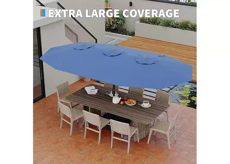 Parasol de patio extra-large 15 pi avec base incluse, parasol de marche d'extérieur double face avec manivelle, impermeable et protege UV pour jardin et piscine