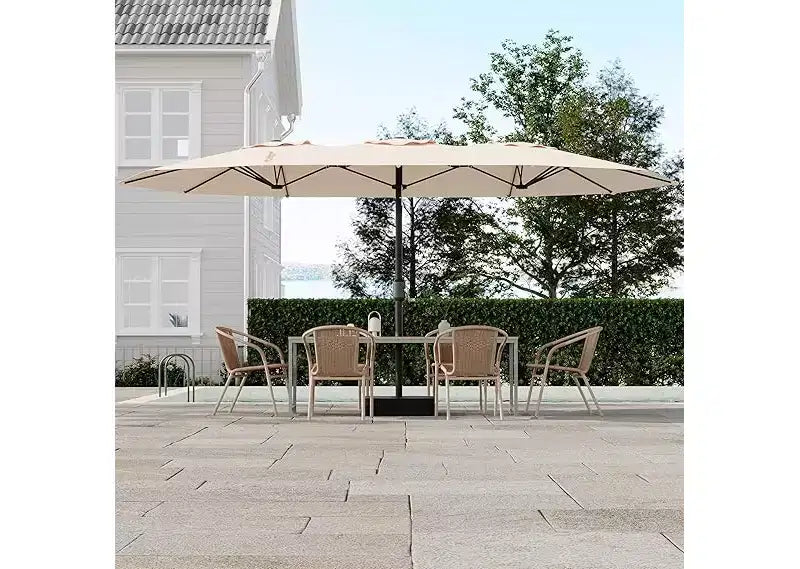 Parasol de patio extra-large 15 pi avec base incluse, parasol de marche d'extérieur double face avec manivelle, impermeable et protege UV pour jardin et piscine