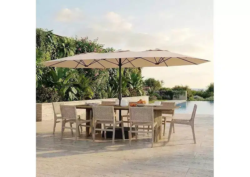 Parasol de patio extra-large 15 pi avec base incluse, parasol de marche d'extérieur double face avec manivelle, impermeable et protege UV pour jardin et piscine