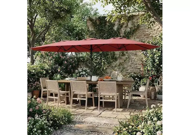 Parasol de patio extra-large 15 pi avec base incluse, parasol de marche d'extérieur double face avec manivelle, impermeable et protege UV pour jardin et piscine