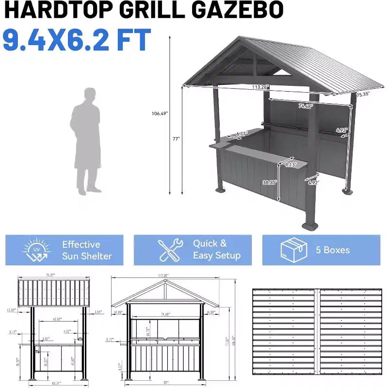 GDFStudio Harry Gazebo barbecue de terrasse à toit rigide en acier galvanisé avec étagères de rangement et système d'ombrage en résine