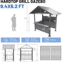 GDFStudio Harry Gazebo barbecue de terrasse à toit rigide en acier galvanisé avec étagères de rangement et système d'ombrage en résine