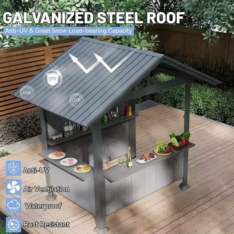 GDFStudio Harry Gazebo barbecue de terrasse à toit rigide en acier galvanisé avec étagères de rangement et système d'ombrage en résine