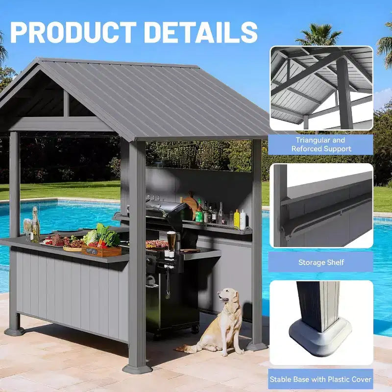GDFStudio Harry Gazebo barbecue de terrasse à toit rigide en acier galvanisé avec étagères de rangement et système d'ombrage en résine