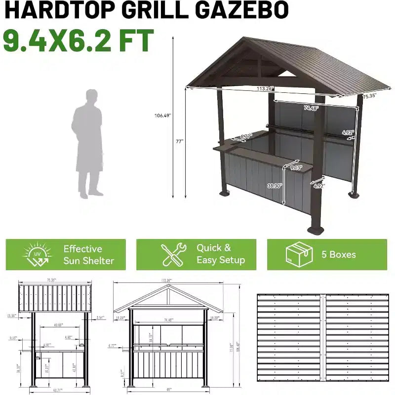GDFStudio Harry Gazebo barbecue de terrasse à toit rigide en acier galvanisé avec étagères de rangement et système d'ombrage en résine