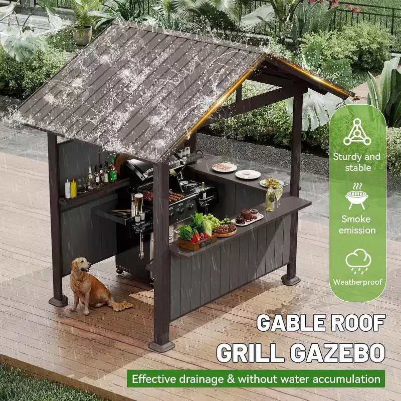 GDFStudio Harry Gazebo barbecue de terrasse à toit rigide en acier galvanisé avec étagères de rangement et système d'ombrage en résine
