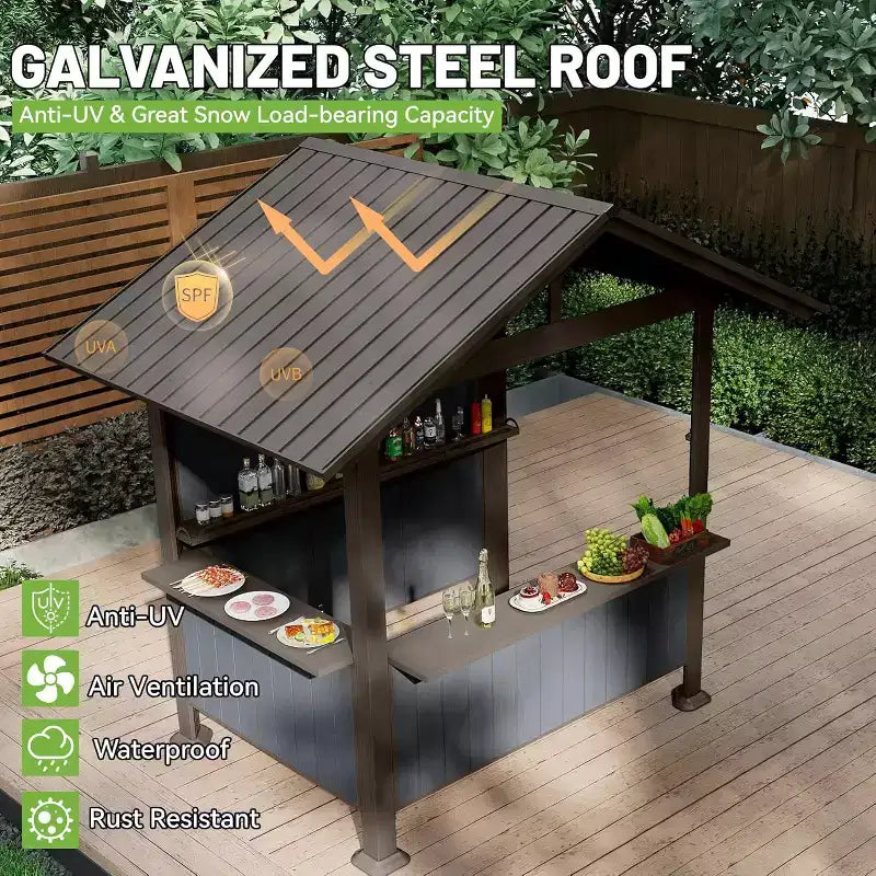 GDFStudio Harry Gazebo barbecue de terrasse à toit rigide en acier galvanisé avec étagères de rangement et système d'ombrage en résine