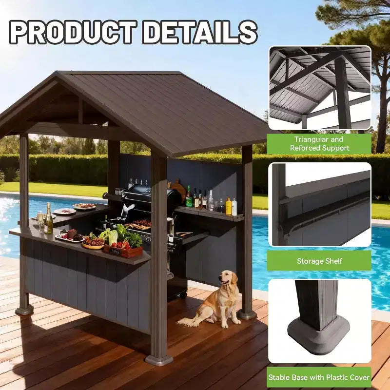 GDFStudio Harry Gazebo barbecue de terrasse à toit rigide en acier galvanisé avec étagères de rangement et système d'ombrage en résine