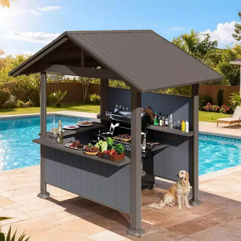 GDFStudio Harry Patio Galvanized Steel Hardtop Grill Gazebo with Storage Shelves and Resin Shade System