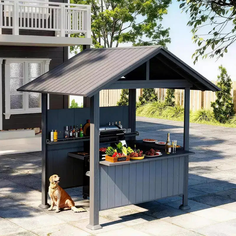 GDFStudio Harry Gazebo barbecue de terrasse à toit rigide en acier galvanisé avec étagères de rangement et système d'ombrage en résine