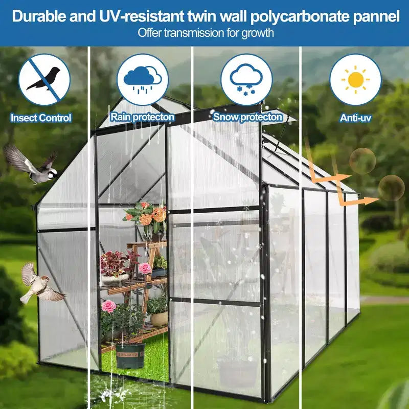 Mondawe Serre en polycarbonate 6x8 FT à base surélevée et ancrage en aluminium, serre à parcourir très résistante pour extérieur et arrière-cour