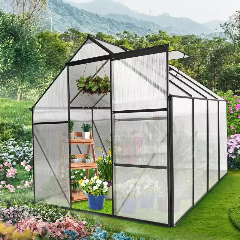 Mondawe Serre en polycarbonate 6x8 FT à base surélevée et ancrage en aluminium, serre à parcourir très résistante pour extérieur et arrière-cour