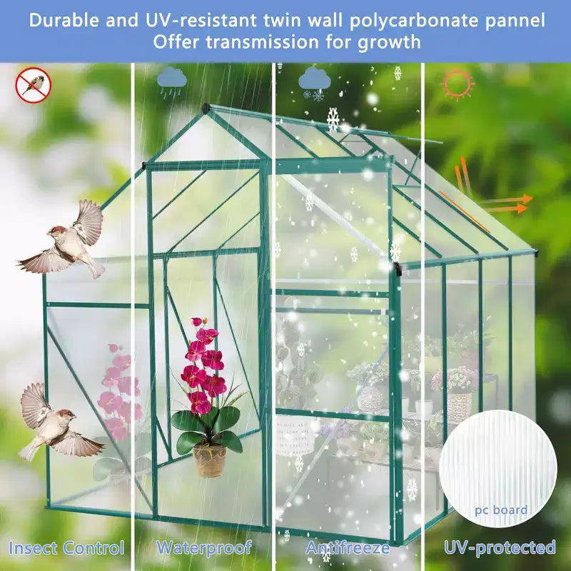 Mondawe Serre en polycarbonate 6x8 FT à base surélevée et ancrage en aluminium, serre à parcourir très résistante pour extérieur et arrière-cour