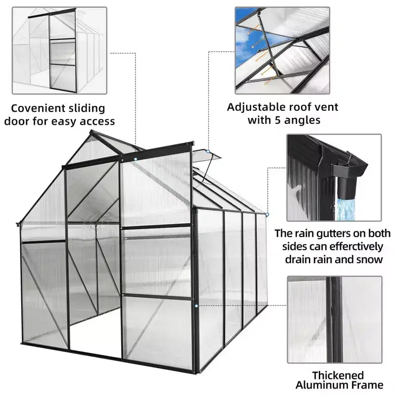 Mondawe Serre en polycarbonate 6x8 FT à base surélevée et ancrage en aluminium, serre à parcourir très résistante pour extérieur et arrière-cour