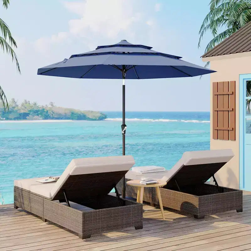Grand parasol de terrasse à 3 niveaux de 2,7 m, parasol de table d'extérieur, 8 baleines, auvent ventilé, manivelle, plusieurs couleurs