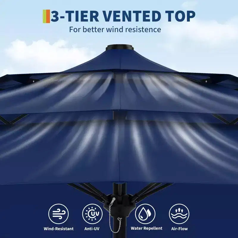 Grand parasol de terrasse à 3 niveaux de 2,7 m, parasol de table d'extérieur, 8 baleines, auvent ventilé, manivelle, plusieurs couleurs